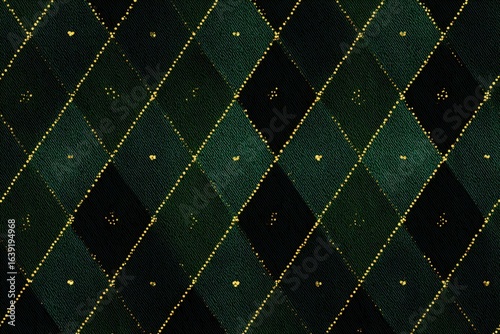 Dark green argyle pattern with slim golden lines and diamond shapes creates a striking textile design suitable for various applications