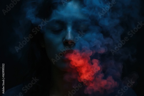 An enigmatic face emerges from the shadows, a blend of blue and red hues that hint at a complex personality