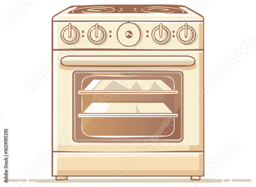 Cartoon Illustration of a Cream Colored Oven with Knobs and Shelves for Baking and Cooking