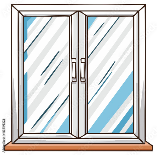 Cartoon style illustration of closed window with glass panes and handles
