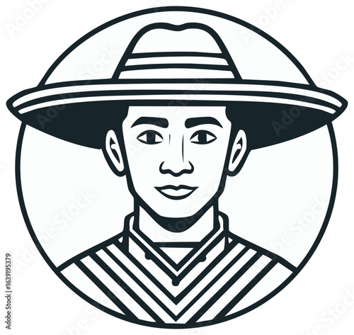 Traditional South American Man Wearing Aguadeño Hat and Poncho Line Art Illustration in Circular Frame