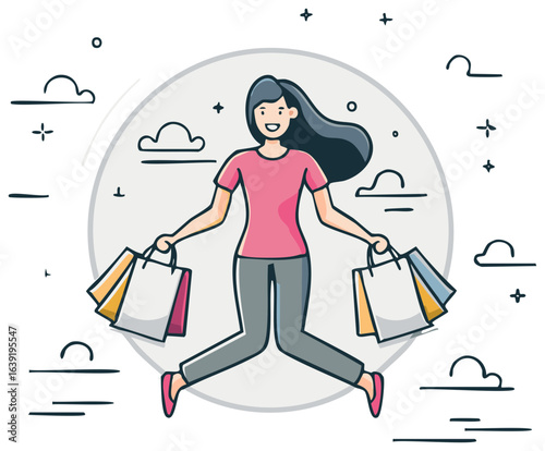 Happy young woman jumping with colorful shopping bags celebrating successful shopping spree line art illustration
