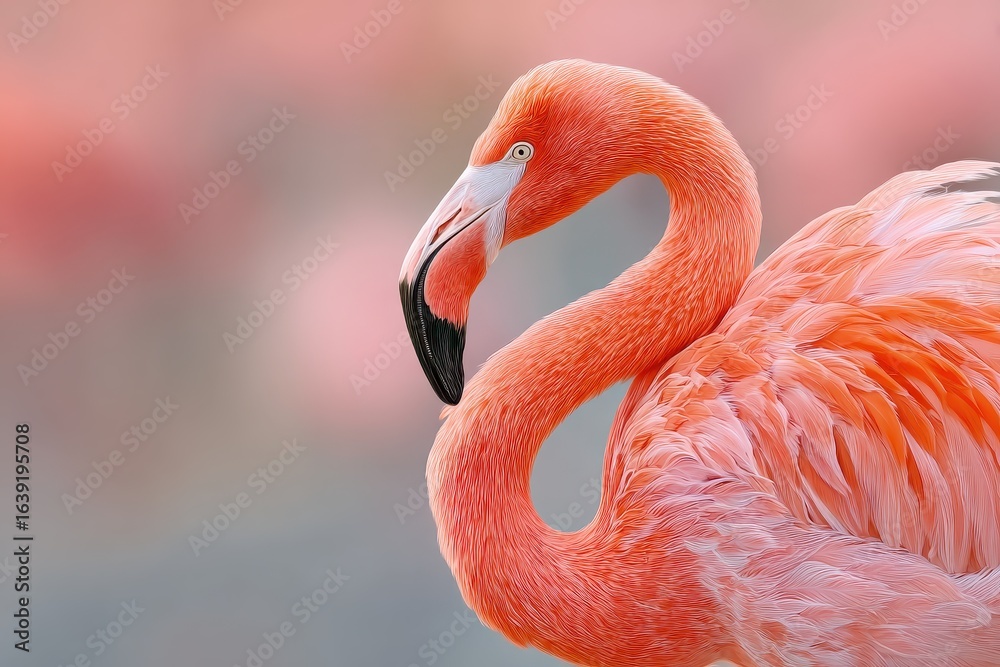 Obraz premium Bright pink flamingo portrait showcasing vibrant feathers in a tropical setting during the golden hour of sunset