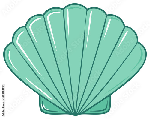 Teal scallop seashell cartoon illustration with glossy highlights for marine or summer design