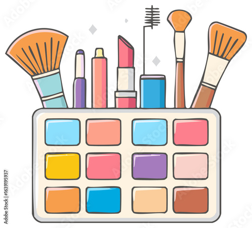 Colorful cartoon illustration of makeup tools and eyeshadow palette