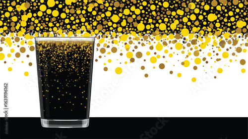 Dark sparkling beverage in glass with gold bubbles