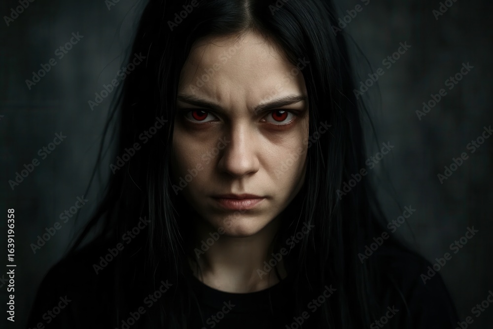 Fototapeta premium A portrait of a woman with piercing red eyes, set against a dark backdrop, evoking a sense of mystery and intensity