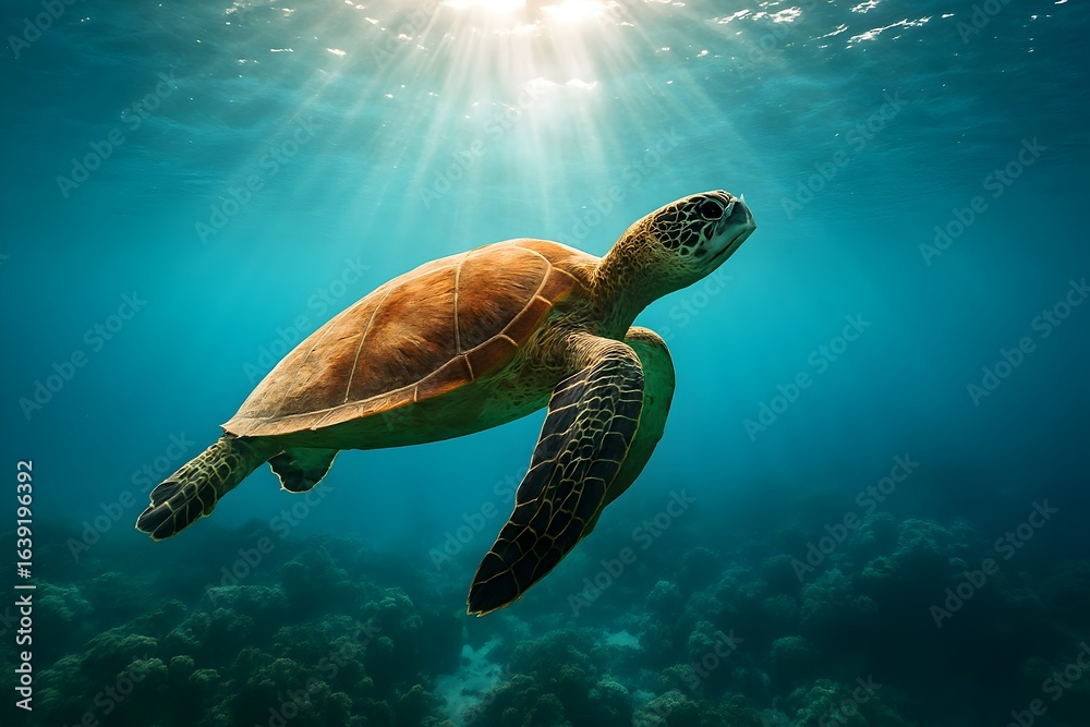 Fototapeta premium Sea turtle swimming underwater with sun rays above