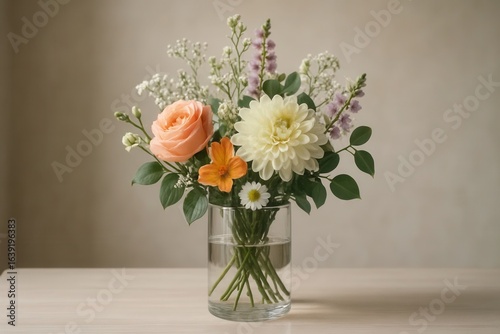 Wallpaper Mural An elegant bouquet of peach roses, white dahlias, and delicate daisies in a transparent glass vase, set against a muted gray backdrop, evoking a sense of tranquility and sophistication Torontodigital.ca