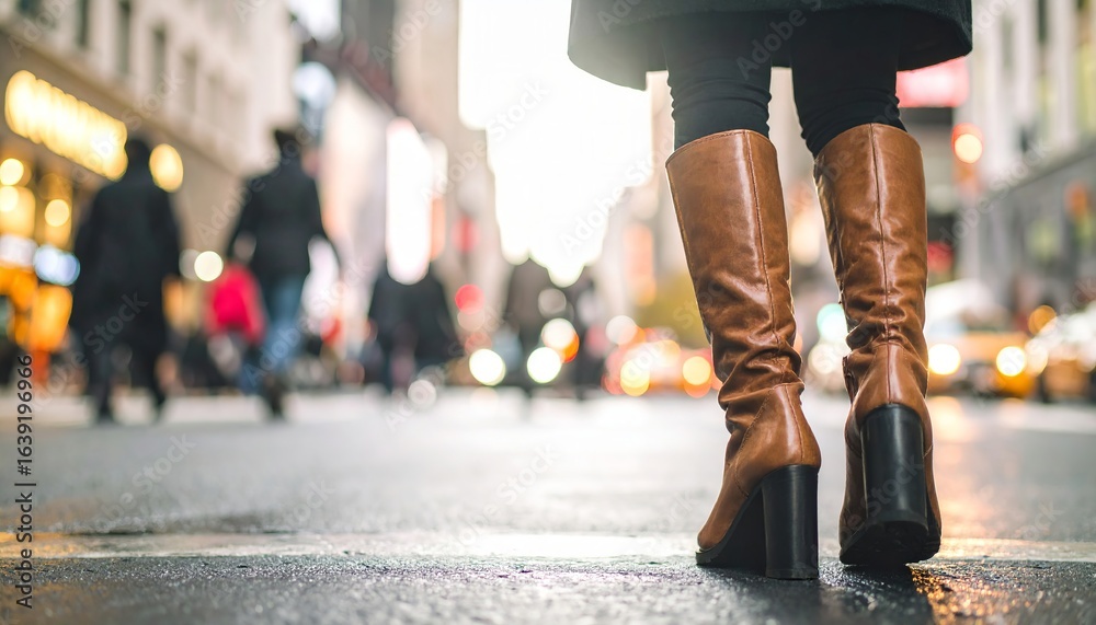 Fototapeta premium Woman walking in casual shoes with blurred city background, urban lifestyle, motion concept, modern street scene, everyday commute, comfortable footwear, active day in metropolitan setting