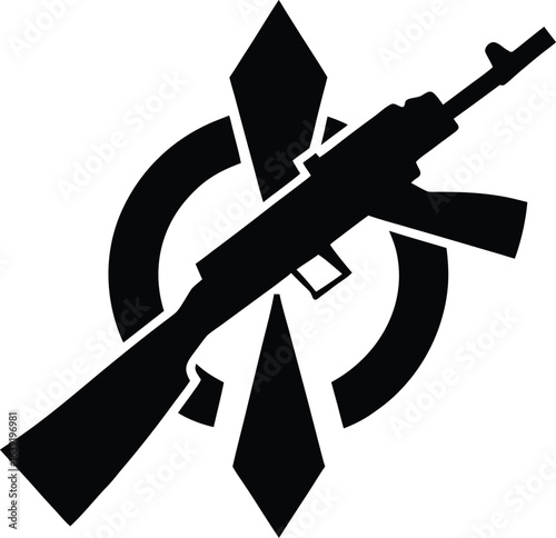 Silhouette of assault rifle over circular emblem isolated on white background