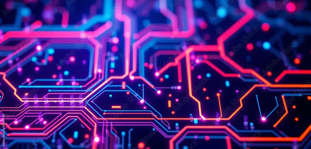Fototapeta premium Abstract glowing neon circuit board texture, vibrant futuristic backdrop, green, intelligence