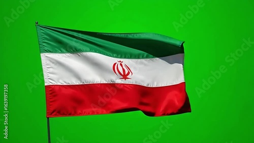 Iranian flag proudly waving on green screen, representing national pride and cultural identity in dynamic motion