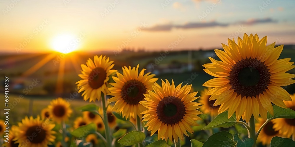 Fototapeta premium Layered papercut sunflowers in radiant sunset, serene countryside landscape, design, golden hour