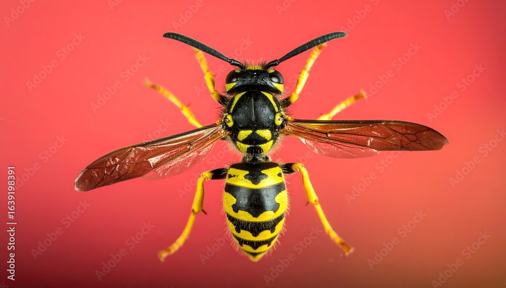 Obraz premium Detailed Closeup of a Wasp Against a Red Background