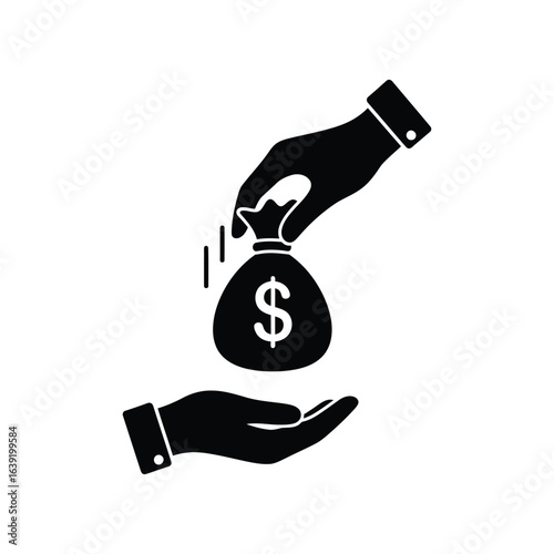 Minimalist vector icon of a hand giving a money bag, representing financial concepts like payment, donation, investment, or receiving a loan.