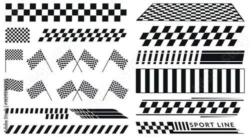 Racing Stripes & Checkered Flag Vector Set. Black & White Racing Banner Vectors – Speed Lines, Flags & Track Icons. Race Track & Flag Vector Set. Decal patterns, automotive graphics design.