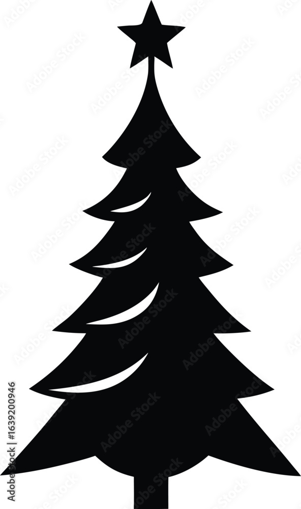 Obraz premium Black silhouette of a christmas tree with a star on top isolated on white background silhouette