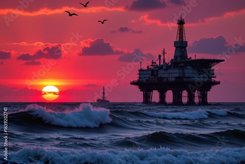 offshore oil rig silhouetted against a blood red sunset waves crashing against steel legs seagulls circling above cinematic realism