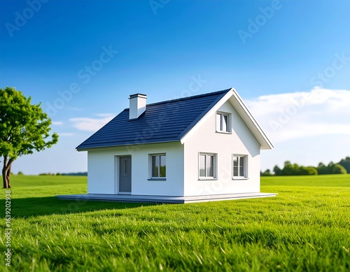 Wallpaper Mural A bright, white house with a dark roof, nestled in a vibrant green field under a clear, blue sky. Torontodigital.ca