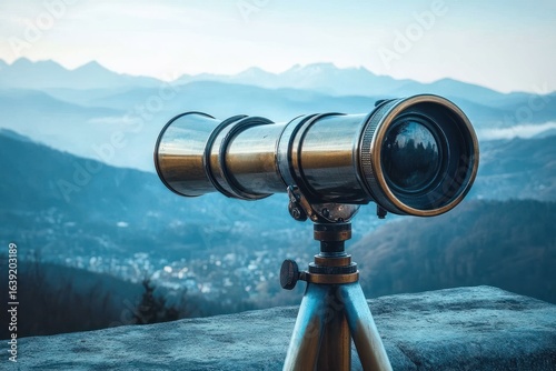 Vintage brass telescope mounted on a tripod overlooking misty mountain landscape with blue skies and distant peaks