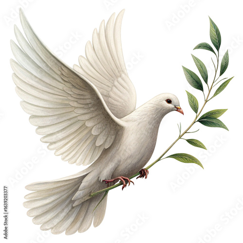 Elegant white dove carrying olive branch symbolizing peace and hope in flight