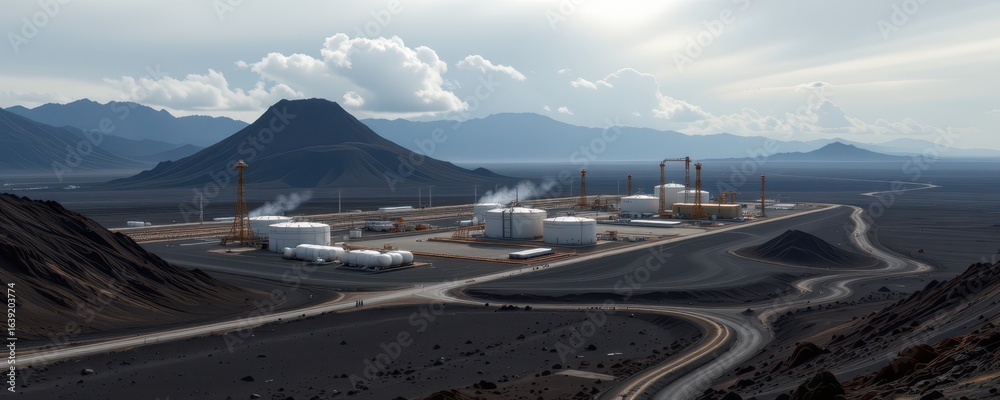 Fototapeta premium crude oil transfer station with pipelines running across barren volcanic landscape under cloudy sky ultra realistic industrial terrain