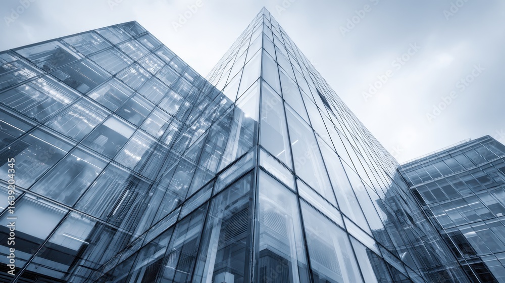 Obraz premium Modern Glass Architecture with Dramatic Skyscrapers and Cloudy Sky in Urban Environment