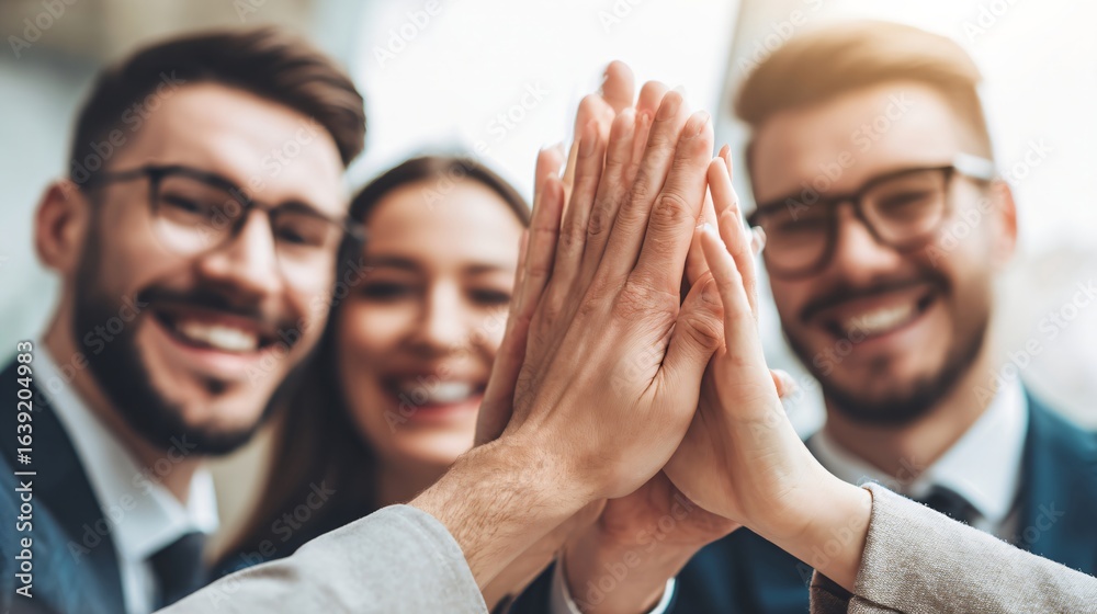 Fototapeta premium A group of smiling men and a woman make a high five hand stack. Business people showing teamwork. Successful collaboration concept.