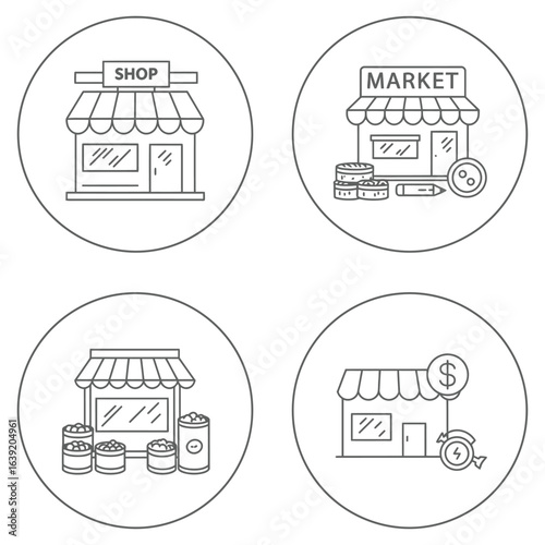 Four Simple Line Art Illustrations of Retail Shops