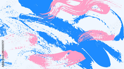 Blue with pink paint brush stroke. Hand drawn banner with brush bold line. Grainy bold brush strokes texture with scattered tiny dots. Retro background. Vector illustration.