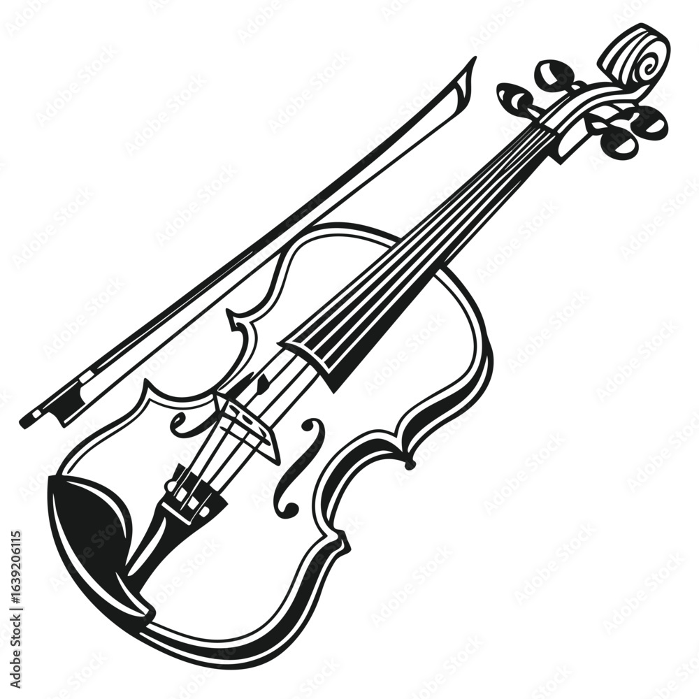 Obraz premium Monochrome Illustration of a Violin with Bow Classical Musical Instrument Aesthetic Black and White Elegant Music Fine Art