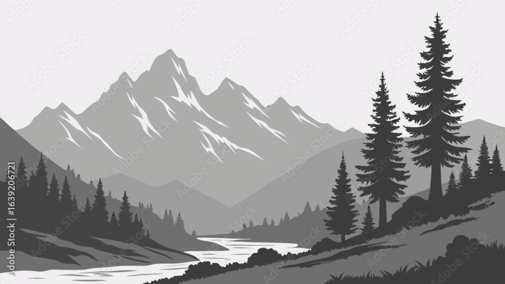 Fototapeta premium Scenic mountain landscape vector illustration with pine trees and river for nature background design asset