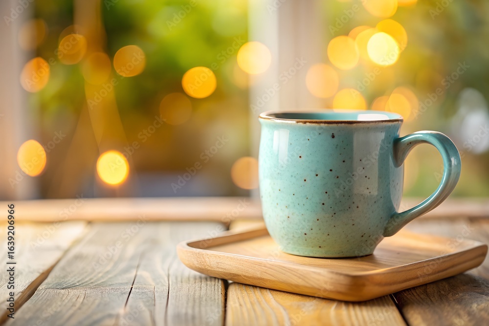 Obraz premium Cozy Coffee Break A Teal Mug on Wooden Tray with Bokeh Background