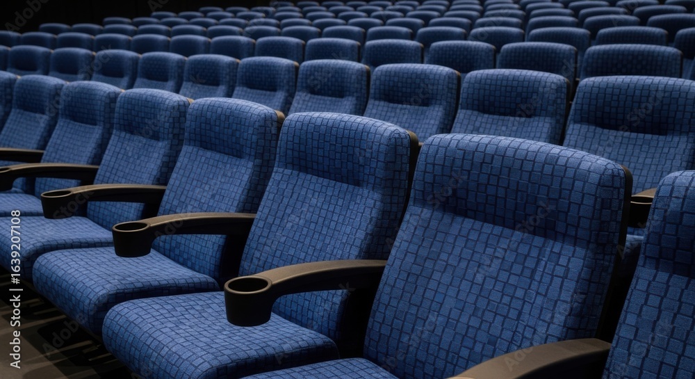 Obraz premium Rows of blue cinema seats in a theater, waiting for an audience to arrive and enjoy a movie.