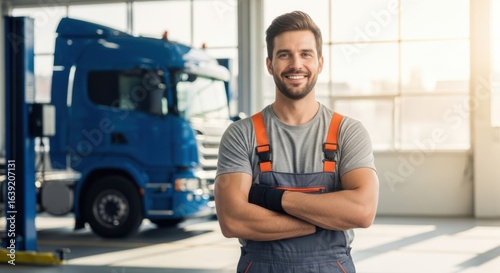 Happy mechanic in a truck repair shop, ready for service.