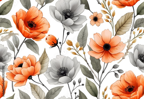Vibrant flowers in shades of orange and gray are intertwined with delicate leaves, creating a lively pattern perfect for textiles or decor. The design brings a fresh and cheerful ambiance.