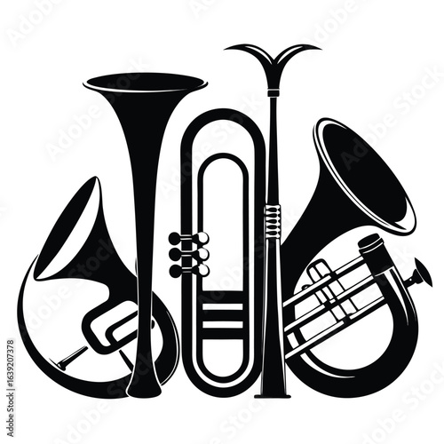 Brass Instruments Creating an Artistic Composition Filled with Musicality and Visual Harmony on a White Canvas