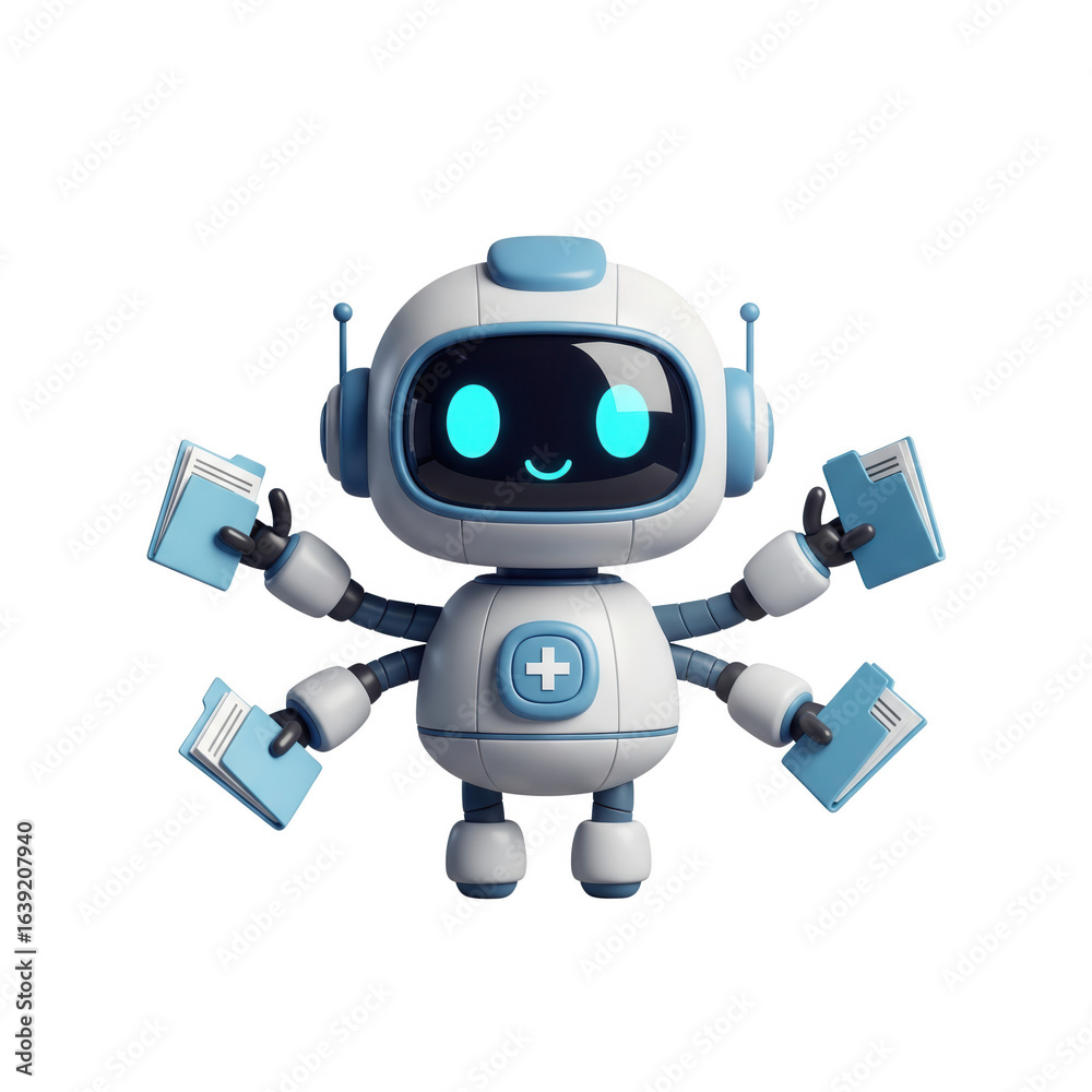 Fototapeta premium Cute Robot Cartoon Character Holding Medical Data Files With Transparent Background