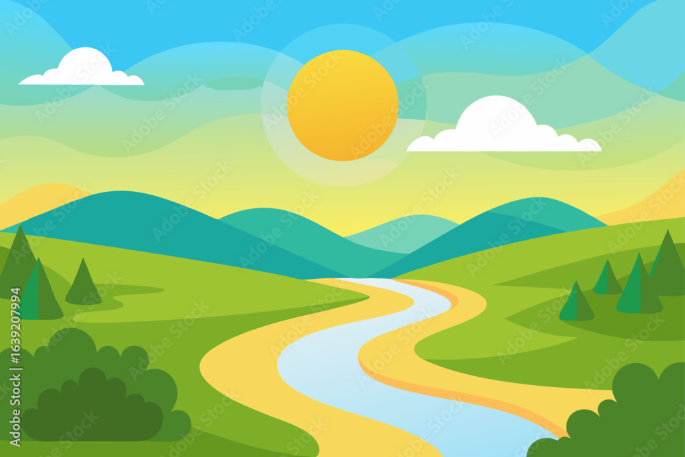 Fototapeta premium Landscape with river sun and rolling hills