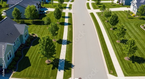 Aerial perspective of a well-maintained suburban neighborhood with lush green lawns and trees.