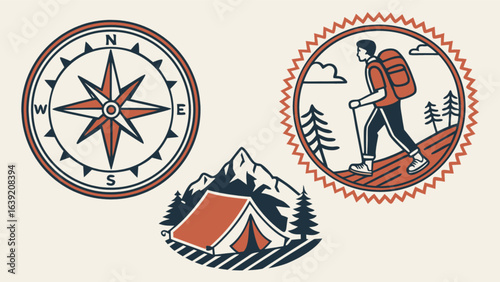 Adventure outdoor camping hiking compass mountain tent backpacking trip travel nature exploration vector art
