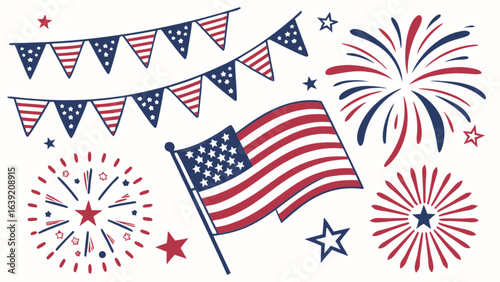 American independence day vector with flag bunting and fireworks patriotic celebration design, july fourth