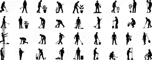 Gardening people silhouettes, planting flowers, watering plants, digging soil, farming tools, agriculture work, nature care, outdoor activity, rural lifestyle, black vector illustration