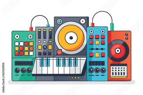 Vibrant Music Production Setup with Synth, Speakers, and Controller, Retro Aesthetics Creating a Colorful Soundscape