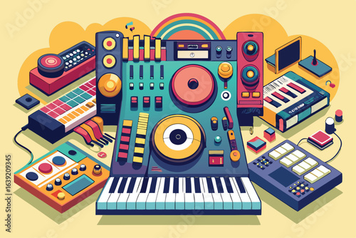 Vibrant Music Production Setup with Synth, Speakers, and Controller, Retro Aesthetics Creating a Colorful Soundscape