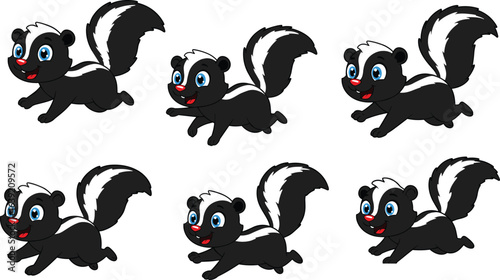 Cute cartoon skunk character running, happy expression, black and white fur, blue eyes, playful pose, animal mascot, adorable vector illustration design