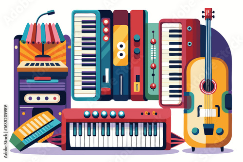 A Whimsical Collection of Musical Instruments Featuring Keyboards Accordions Guitars and a Retro Speaker in a Colorful Composition