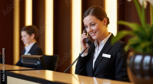 Happy hotel receptionist talking on the phone at the front desk