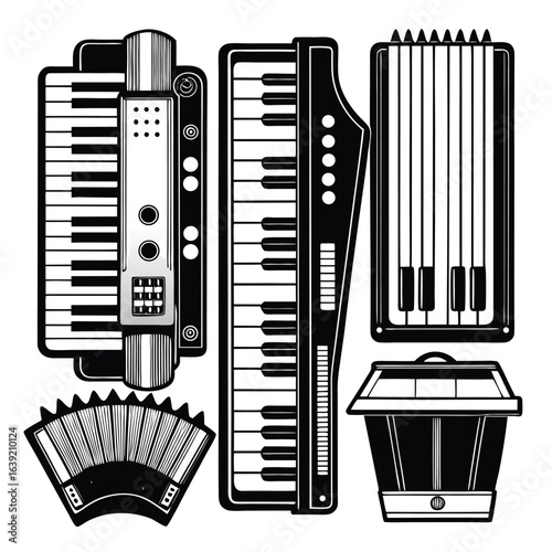 Musical Harmony A Black and White Symphony of Piano Accordion and Guitar A Celebration of Musical Instruments